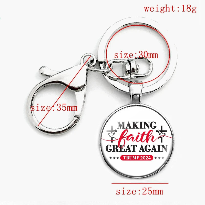 Trump 2024 Keychain with Clasp Classic round Glass Pendant Key Holder Keyring for Men Women