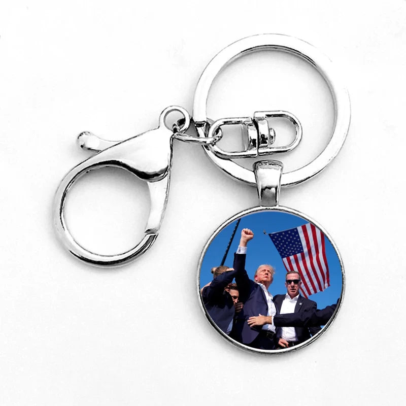 Trump 2024 Keychain with Clasp Classic round Glass Pendant Key Holder Keyring for Men Women