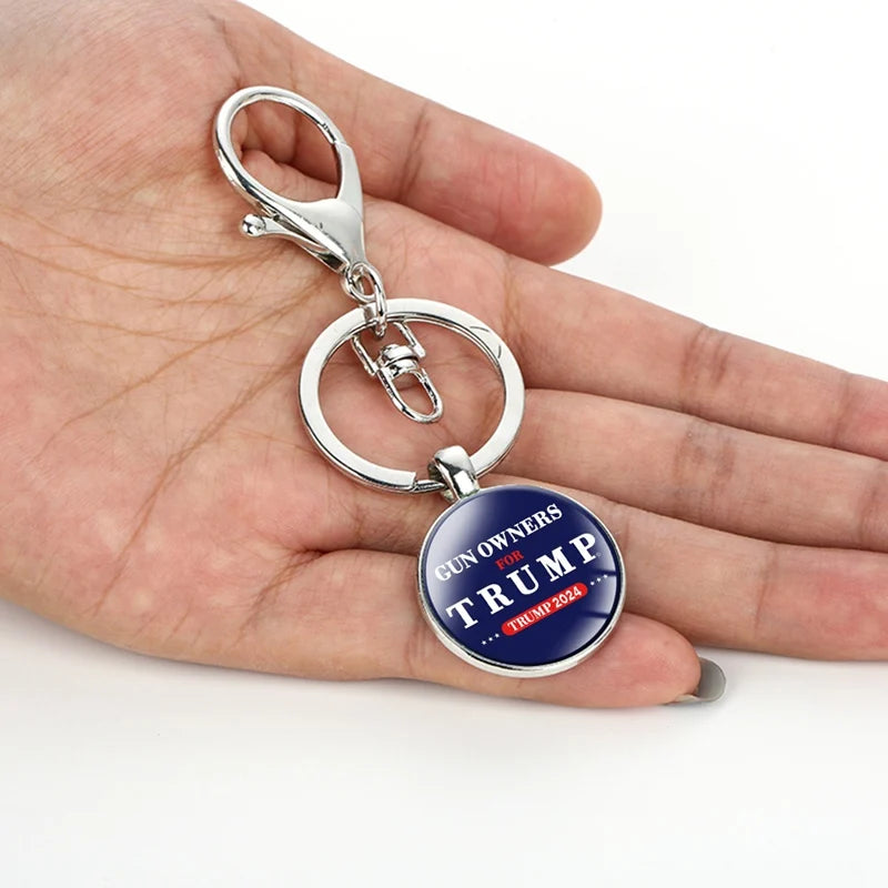 Trump 2024 Keychain with Clasp Classic round Glass Pendant Key Holder Keyring for Men Women