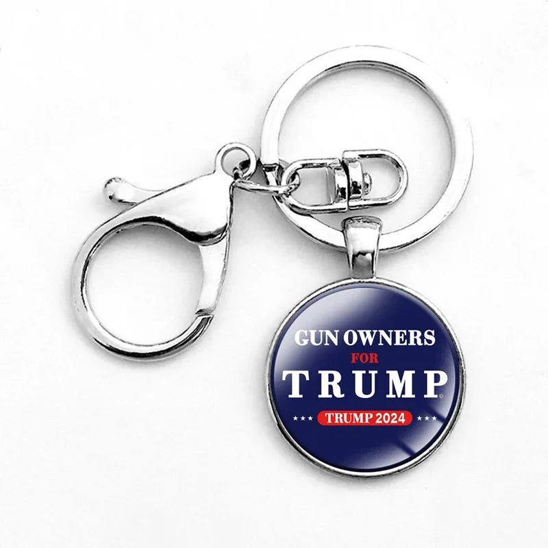 Trump 2024 Keychain with Clasp Classic round Glass Pendant Key Holder Keyring for Men Women